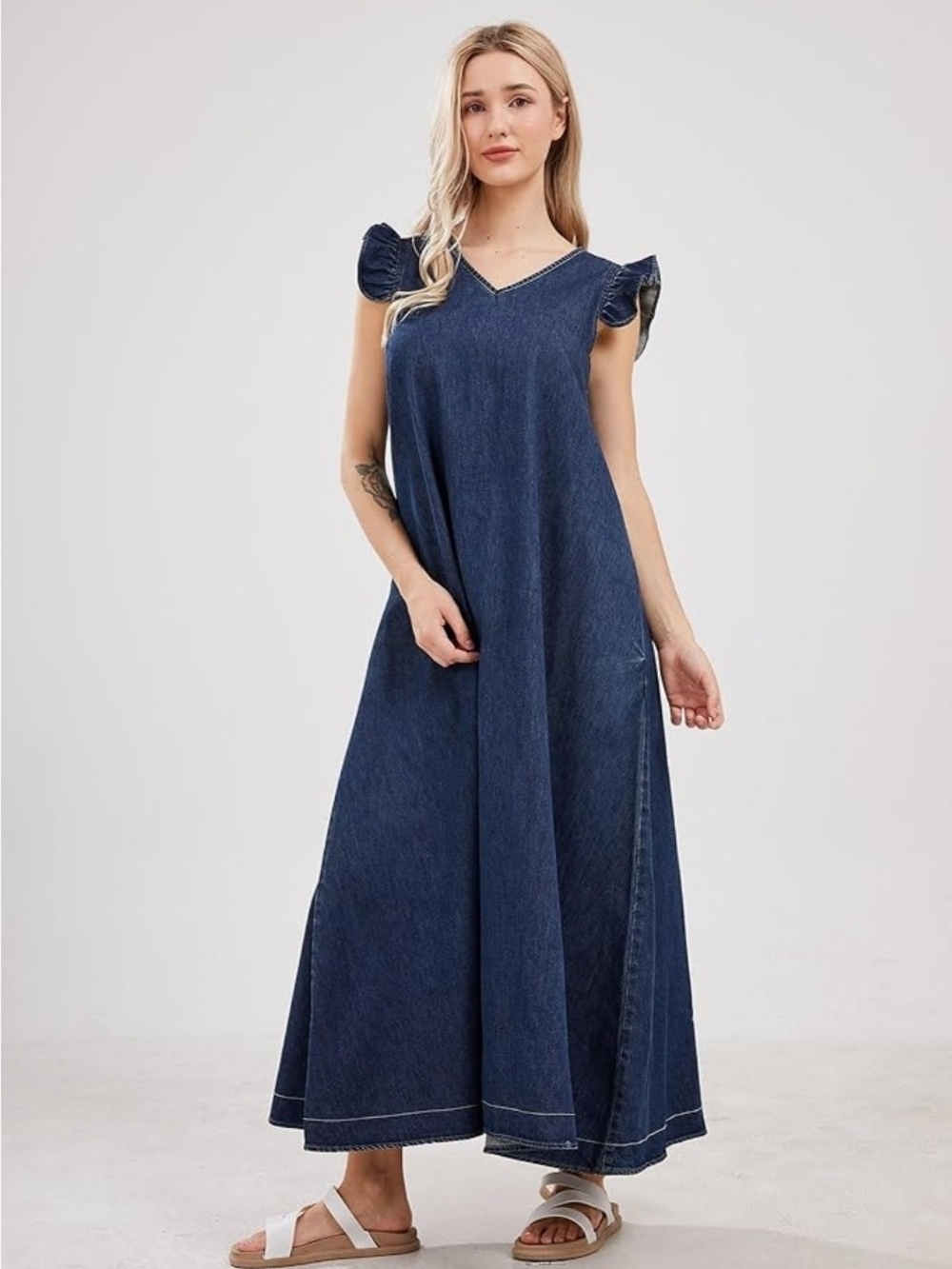 Women's Indigo Denim Maxi Dress with Ruffle Sleeves